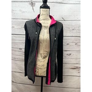 Belford Women's Knit Jacket Zip Front Black Gray‎ Pink Trim Size M